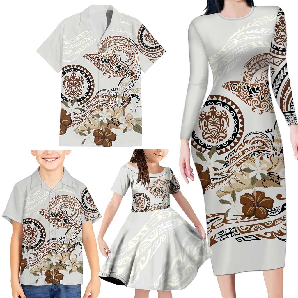 Polynesian Manta Ray Family Matching Long Sleeve Bodycon Dress and Hawaiian Shirt Beige Floral Turtle Tattoo LT9 - Polynesian Pride