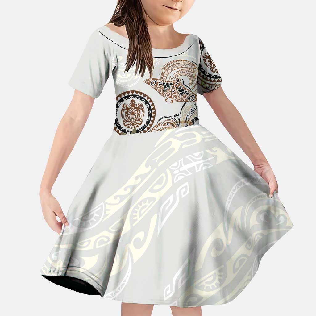Polynesian Manta Ray Family Matching Mermaid Dress and Hawaiian Shirt Beige Floral Turtle Tattoo LT9 Daughter's Dress Beige - Polynesian Pride