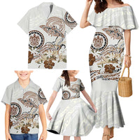 Polynesian Manta Ray Family Matching Mermaid Dress and Hawaiian Shirt Beige Floral Turtle Tattoo LT9 - Polynesian Pride