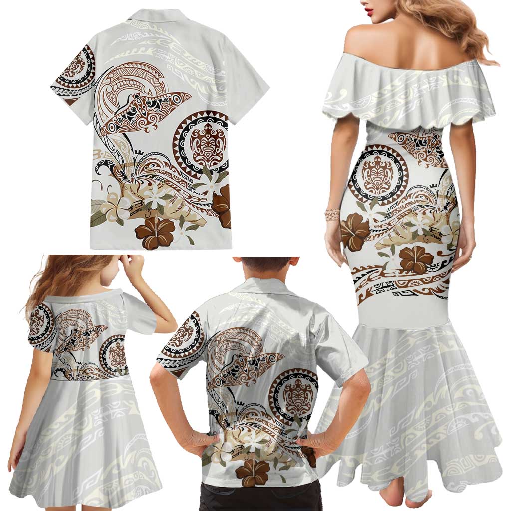 Polynesian Manta Ray Family Matching Mermaid Dress and Hawaiian Shirt Beige Floral Turtle Tattoo LT9 - Polynesian Pride