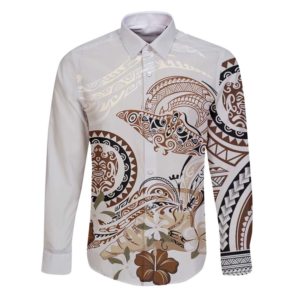 Polynesian Manta Ray Family Matching Mermaid Dress and Hawaiian Shirt Beige Floral Turtle Tattoo LT9 Dad's Shirt - Long Sleeve Beige - Polynesian Pride