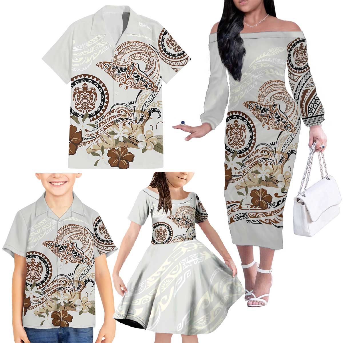 Polynesian Manta Ray Family Matching Off The Shoulder Long Sleeve Dress and Hawaiian Shirt Beige Floral Turtle Tattoo LT9 - Polynesian Pride