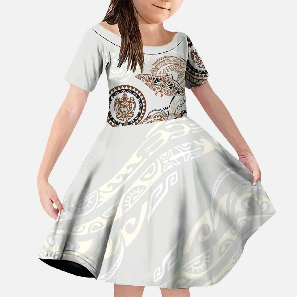Polynesian Manta Ray Family Matching Off Shoulder Maxi Dress and Hawaiian Shirt Beige Floral Turtle Tattoo LT9 Daughter's Dress Beige - Polynesian Pride