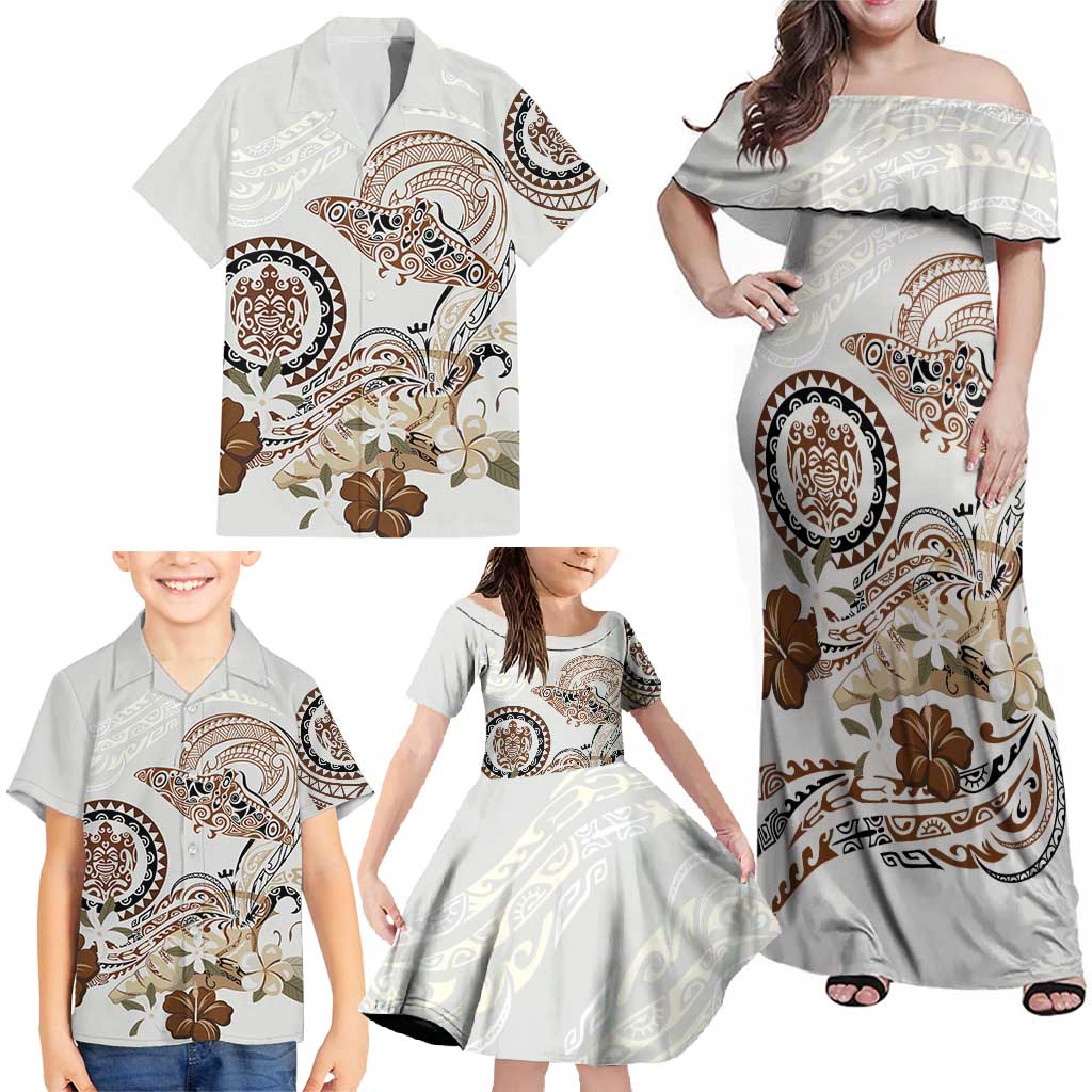 Polynesian Manta Ray Family Matching Off Shoulder Maxi Dress and Hawaiian Shirt Beige Floral Turtle Tattoo LT9 - Polynesian Pride