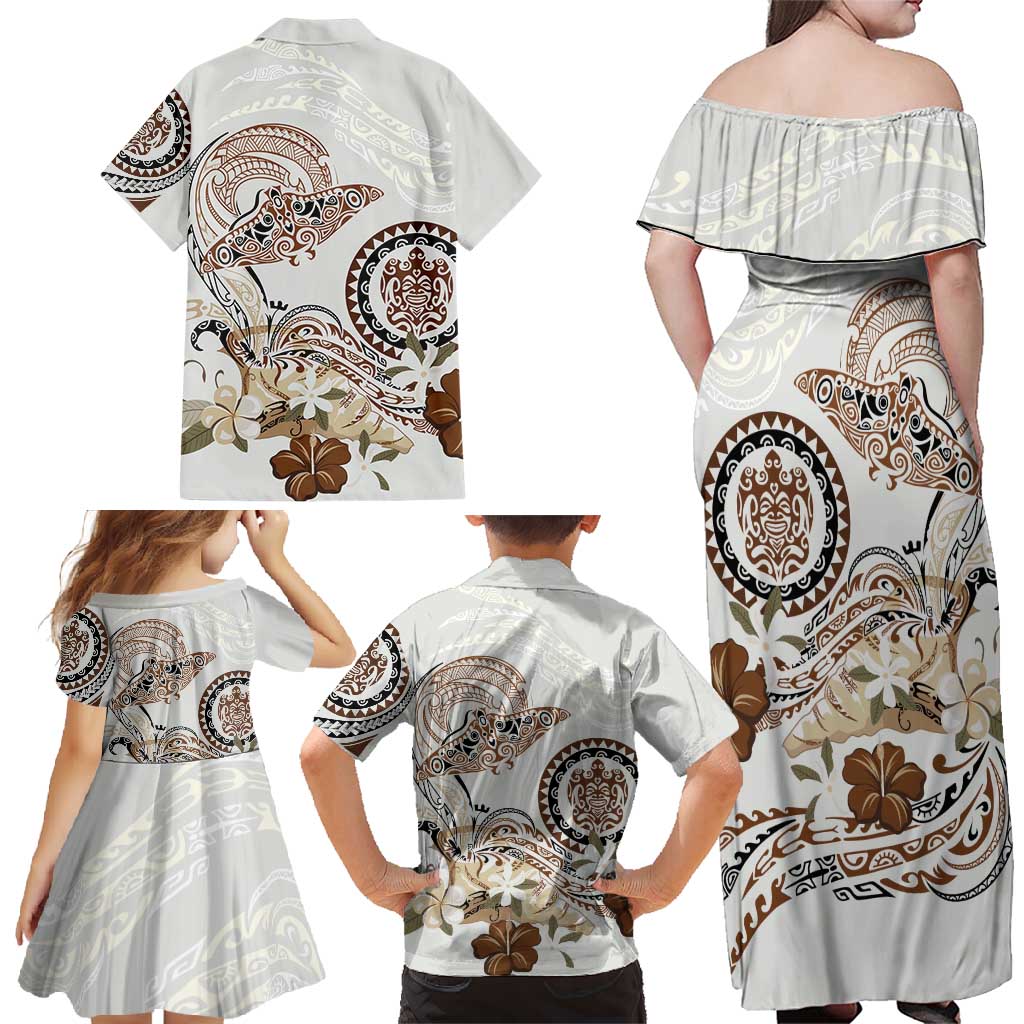 Polynesian Manta Ray Family Matching Off Shoulder Maxi Dress and Hawaiian Shirt Beige Floral Turtle Tattoo LT9 - Polynesian Pride