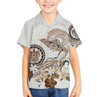 Polynesian Manta Ray Family Matching Off Shoulder Maxi Dress and Hawaiian Shirt Beige Floral Turtle Tattoo LT9 Son's Shirt Beige - Polynesian Pride