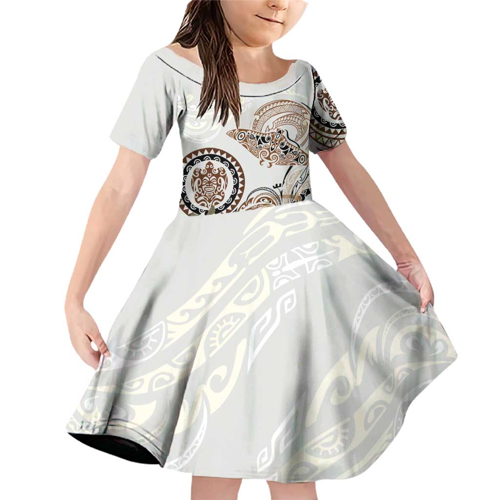 Polynesian Manta Ray Family Matching Off Shoulder Short Dress and Hawaiian Shirt Beige Floral Turtle Tattoo LT9 Daughter's Dress Beige - Polynesian Pride