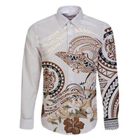 Polynesian Manta Ray Family Matching Off Shoulder Short Dress and Hawaiian Shirt Beige Floral Turtle Tattoo LT9 Dad's Shirt - Long Sleeve Beige - Polynesian Pride
