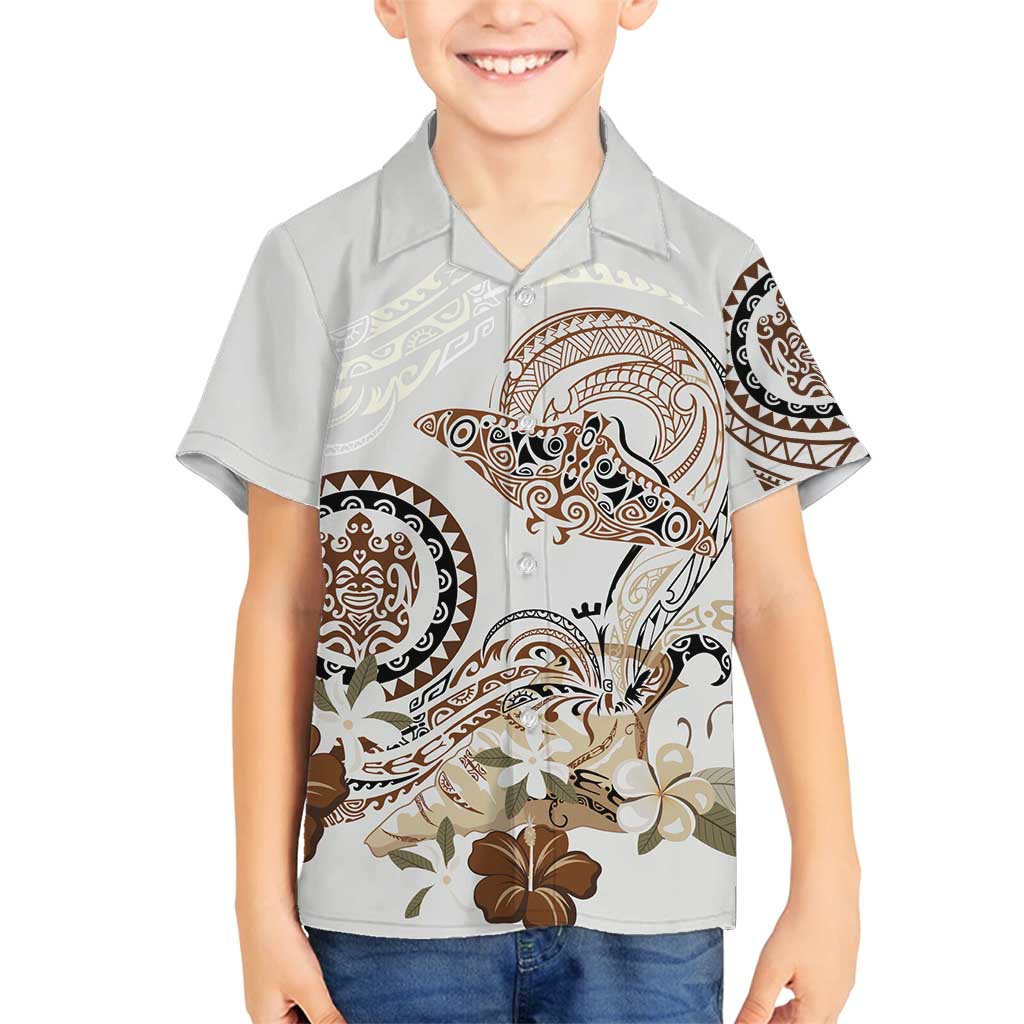 Polynesian Manta Ray Family Matching Off Shoulder Short Dress and Hawaiian Shirt Beige Floral Turtle Tattoo LT9 Son's Shirt Beige - Polynesian Pride