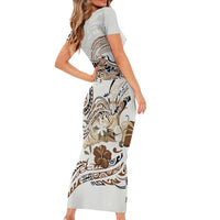 Polynesian Manta Ray Family Matching Short Sleeve Bodycon Dress and Hawaiian Shirt Beige Floral Turtle Tattoo LT9 - Polynesian Pride