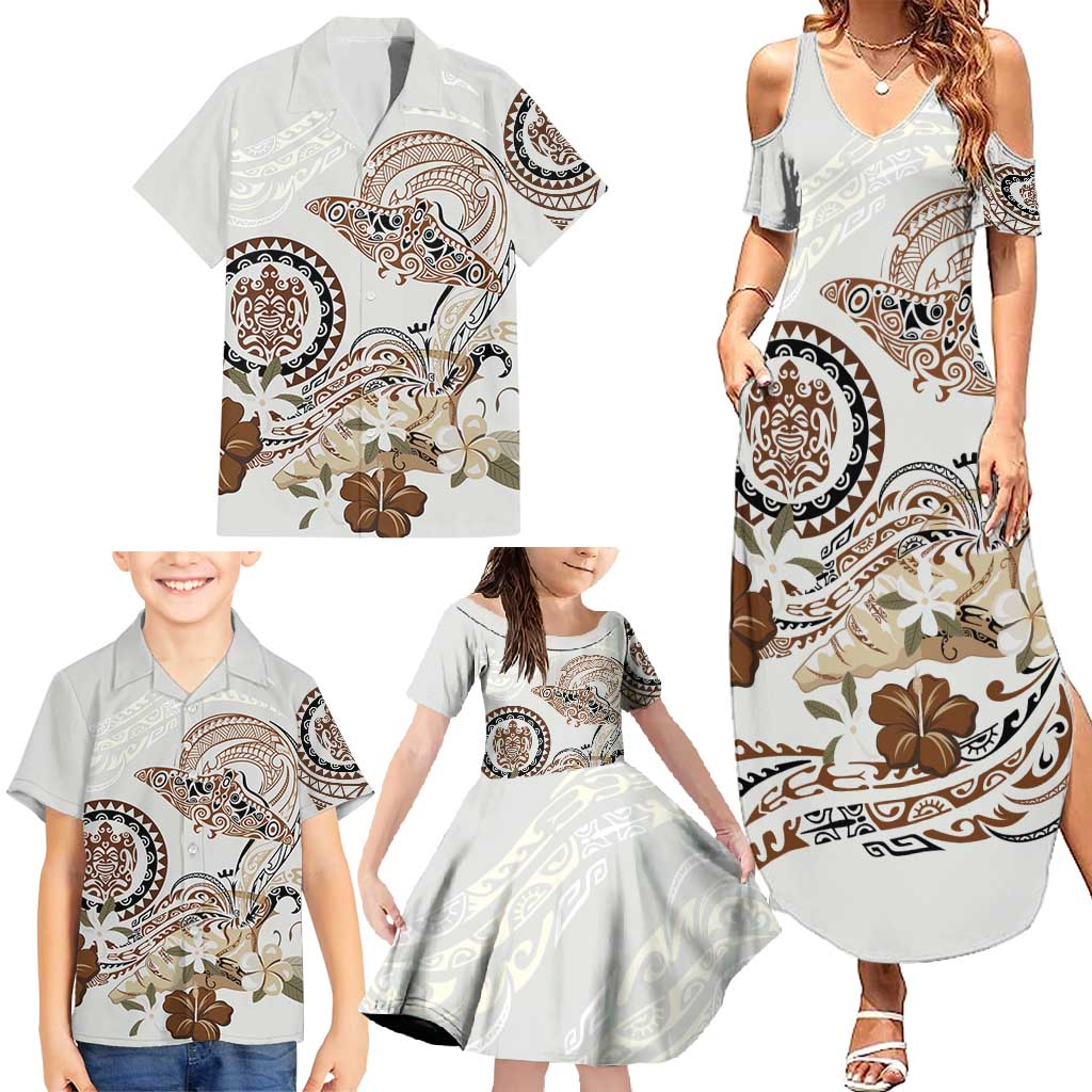 Polynesian Manta Ray Family Matching Summer Maxi Dress and Hawaiian Shirt Beige Floral Turtle Tattoo LT9 - Polynesian Pride