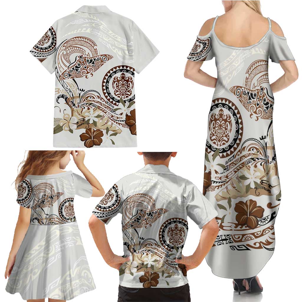 Polynesian Manta Ray Family Matching Summer Maxi Dress and Hawaiian Shirt Beige Floral Turtle Tattoo LT9 - Polynesian Pride