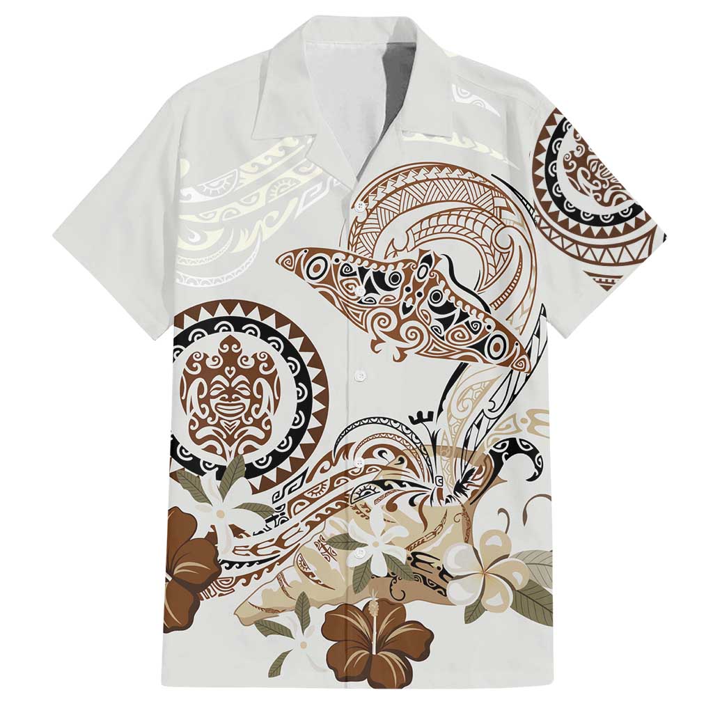 Polynesian Manta Ray Family Matching Summer Maxi Dress and Hawaiian Shirt Beige Floral Turtle Tattoo LT9 Dad's Shirt - Short Sleeve Beige - Polynesian Pride