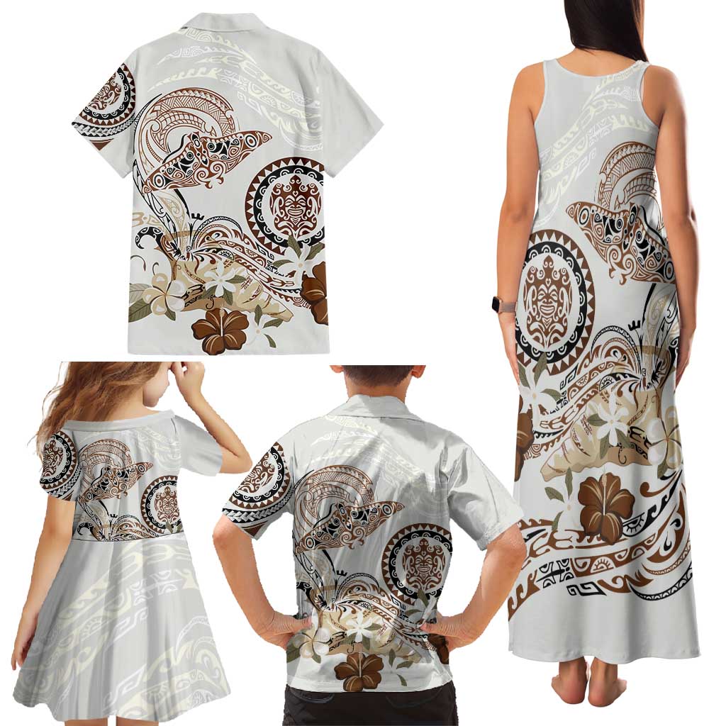 Polynesian Manta Ray Family Matching Tank Maxi Dress and Hawaiian Shirt Beige Floral Turtle Tattoo LT9 - Polynesian Pride