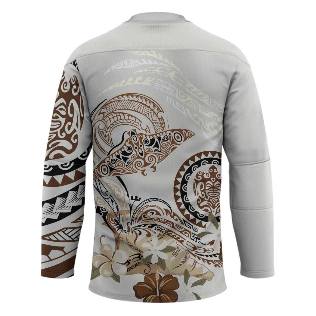 Polynesian Manta Ray Hockey Jersey Beige Floral Turtle Tattoo - Polynesian Pride