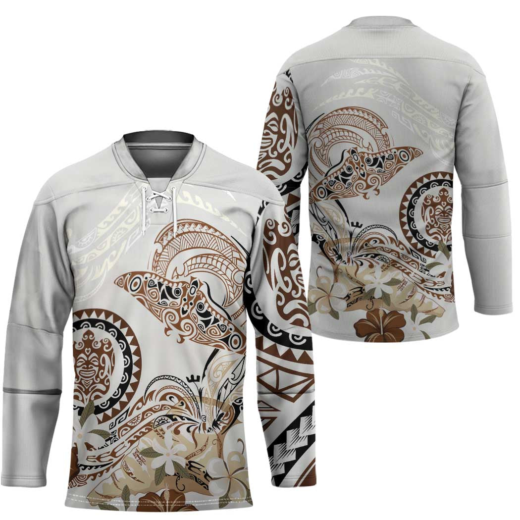 Polynesian Manta Ray Hockey Jersey Beige Floral Turtle Tattoo - Polynesian Pride