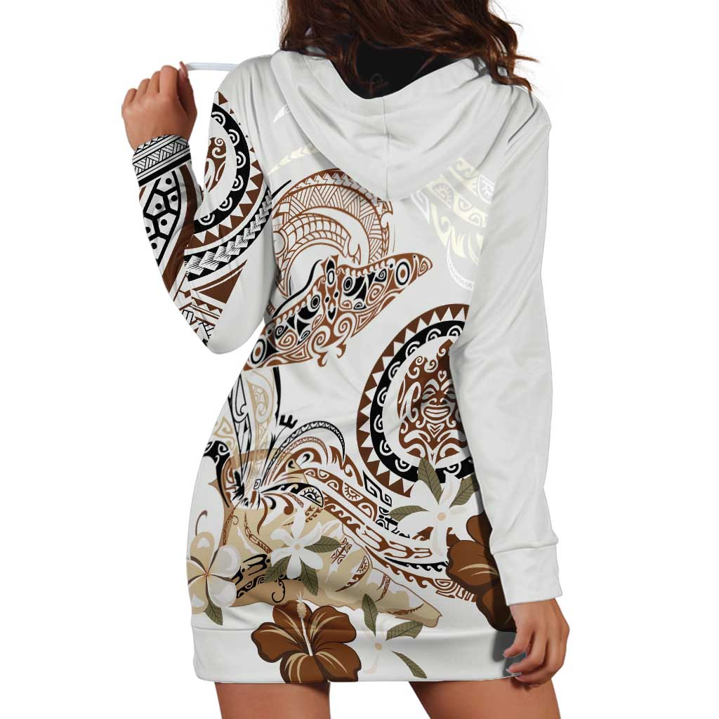 Polynesian Manta Ray Hoodie Dress Beige Floral Turtle Tattoo LT9 - Polynesian Pride