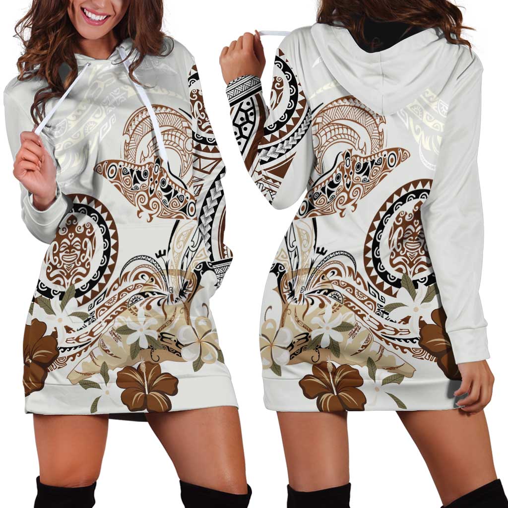 Polynesian Manta Ray Hoodie Dress Beige Floral Turtle Tattoo LT9 - Polynesian Pride