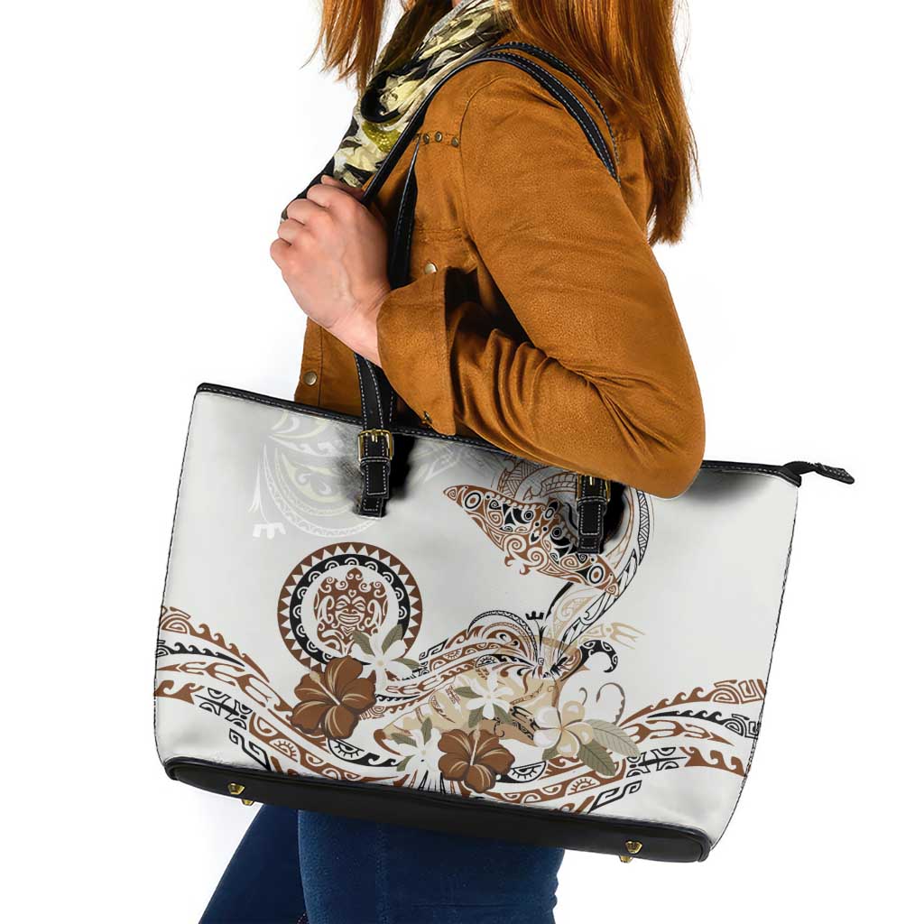 Polynesian Manta Ray Leather Tote Bag Beige Floral Turtle Tattoo - Polynesian Pride