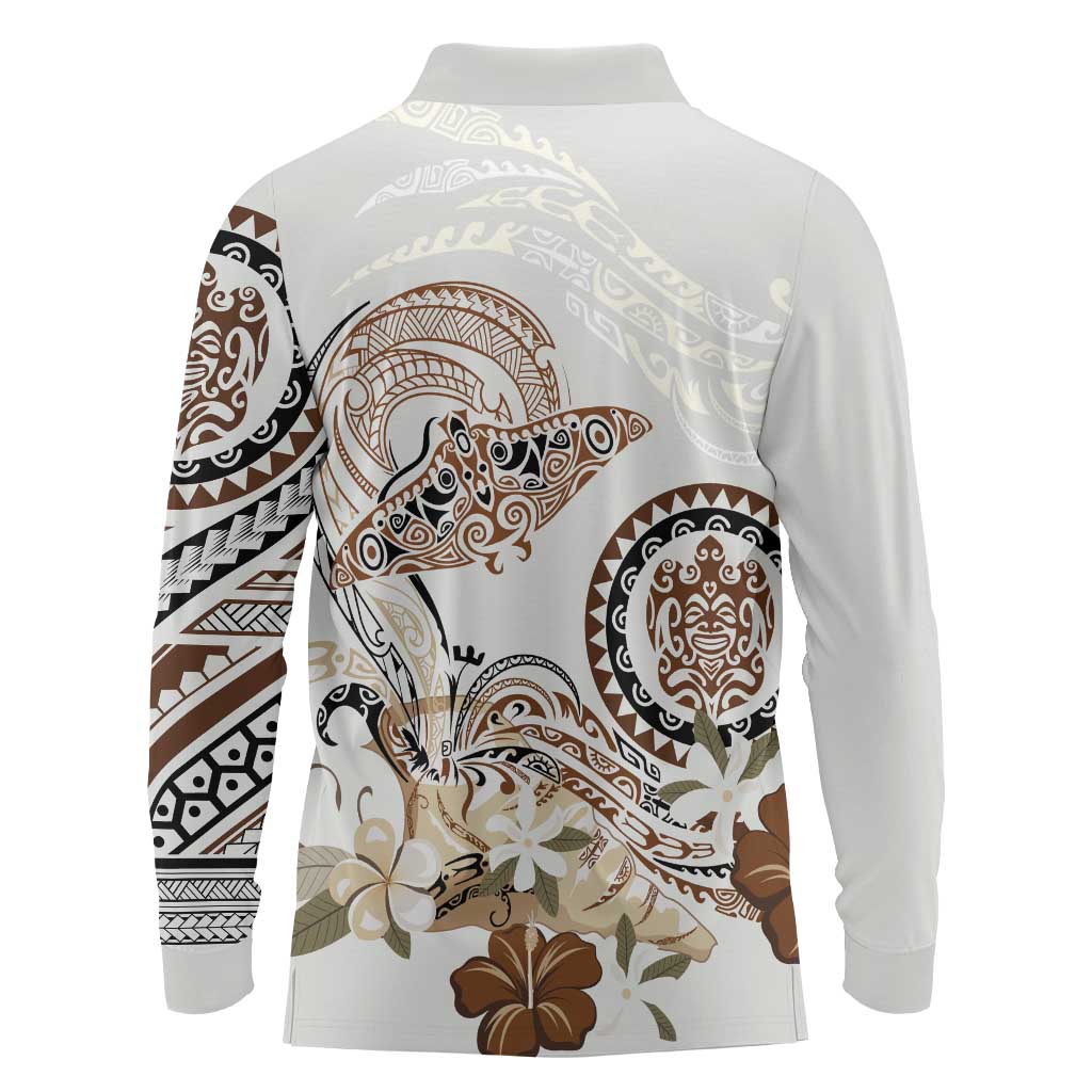 Polynesian Manta Ray Long Sleeve Polo Shirt Beige Floral Turtle Tattoo - Polynesian Pride