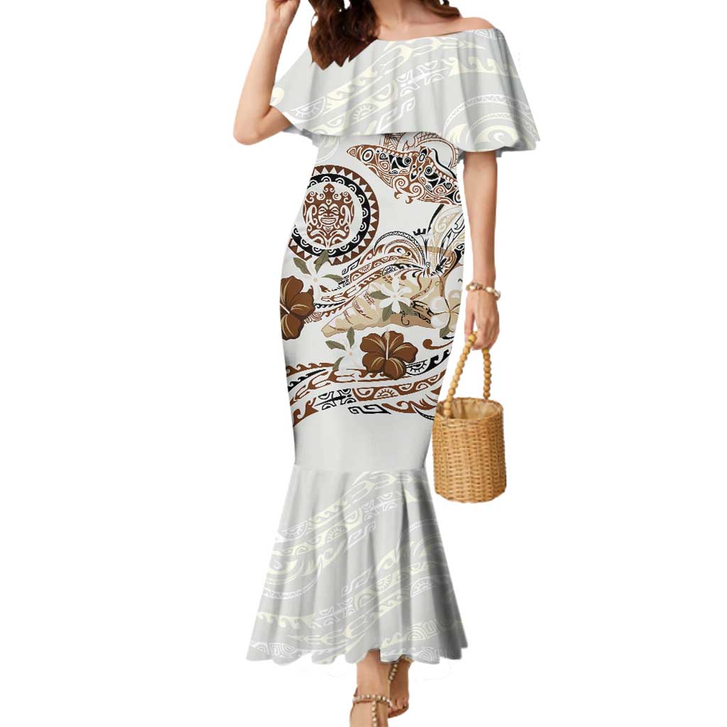 Polynesian Manta Ray Mermaid Dress Beige Floral Turtle Tattoo LT9 Women Beige - Polynesian Pride