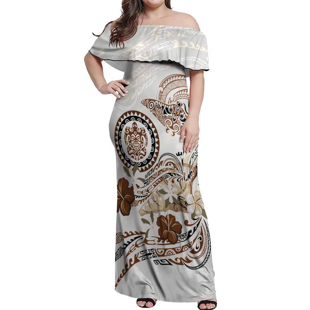 Polynesian Manta Ray Off Shoulder Maxi Dress Beige Floral Turtle Tattoo LT9 Women Beige - Polynesian Pride