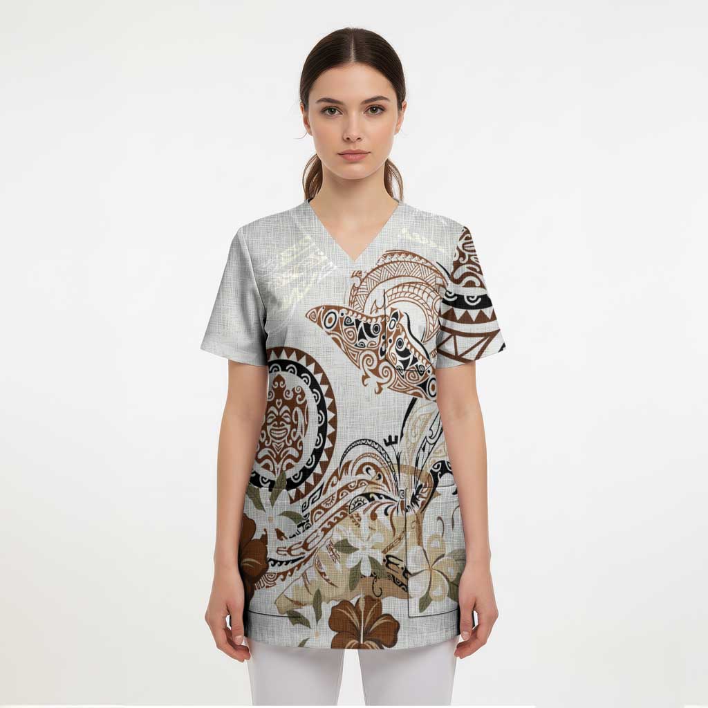 Polynesian Manta Ray Scrub Top Beige Floral Turtle Tattoo - Polynesian Pride