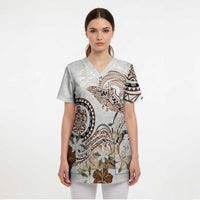 Polynesian Manta Ray Scrub Top Beige Floral Turtle Tattoo - Polynesian Pride