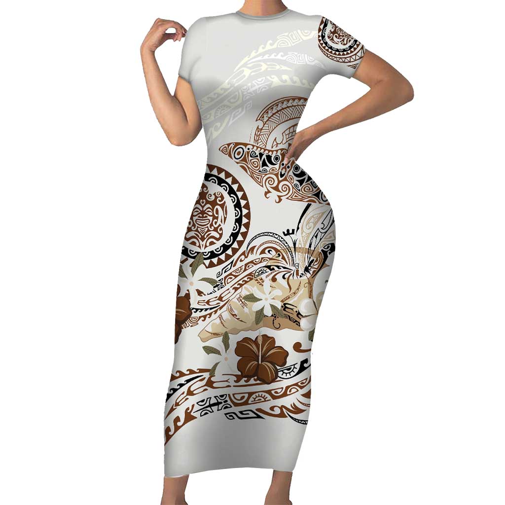 Polynesian Manta Ray Short Sleeve Bodycon Dress Beige Floral Turtle Tattoo LT9 Long Dress Beige - Polynesian Pride