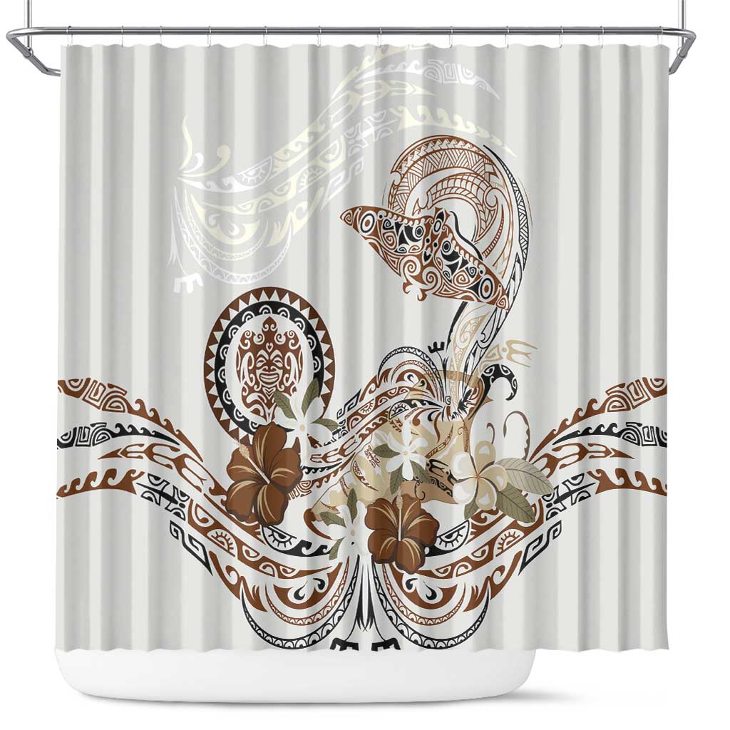 Polynesian Manta Ray Shower Curtain Beige Floral Turtle Tattoo - Polynesian Pride