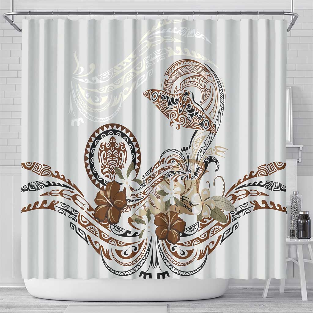 Polynesian Manta Ray Shower Curtain Beige Floral Turtle Tattoo - Polynesian Pride