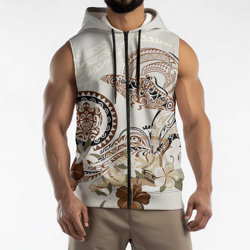 Polynesian Manta Ray Sleeveless Zip Hoodie Beige Floral Turtle Tattoo - Polynesian Pride