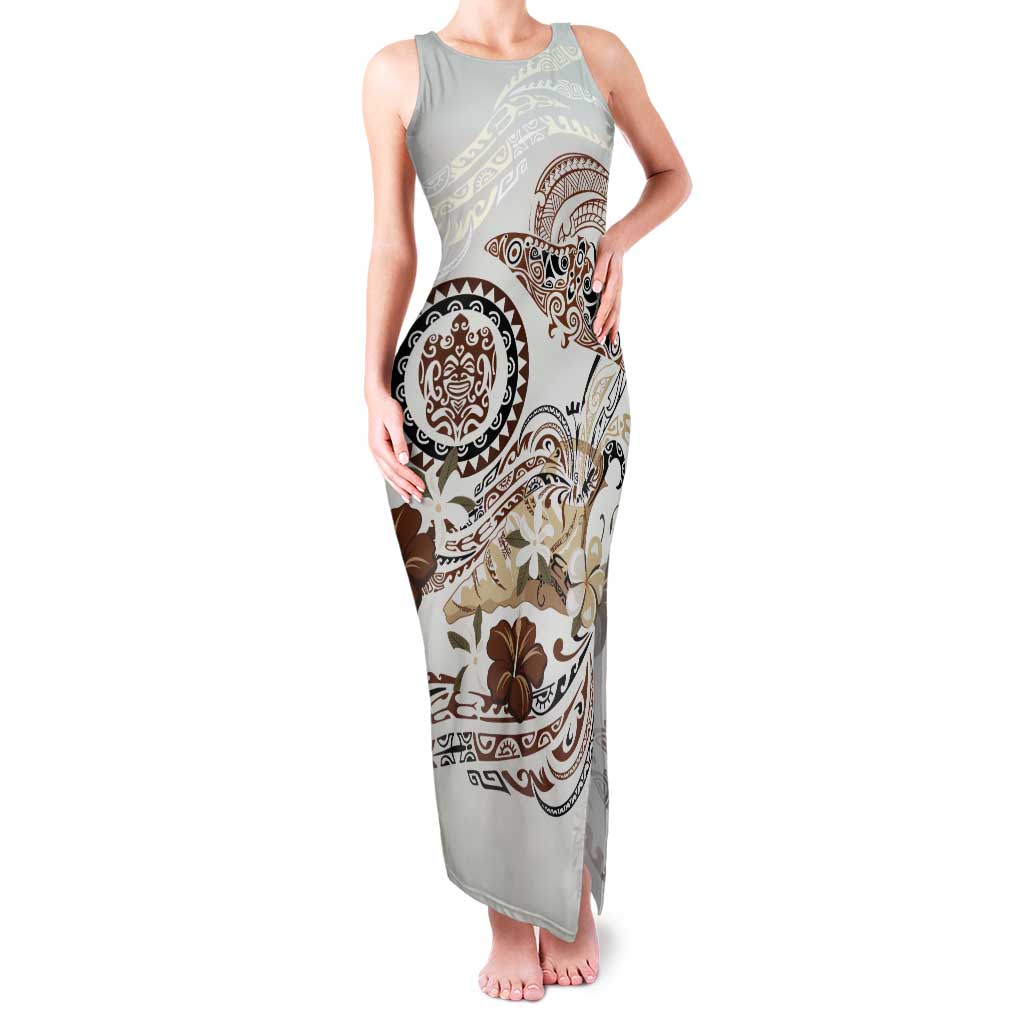 Polynesian Manta Ray Tank Maxi Dress Beige Floral Turtle Tattoo LT9 Women Beige - Polynesian Pride