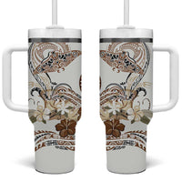 Polynesian Manta Ray Tumbler With Handle Beige Floral Turtle Tattoo - Polynesian Pride
