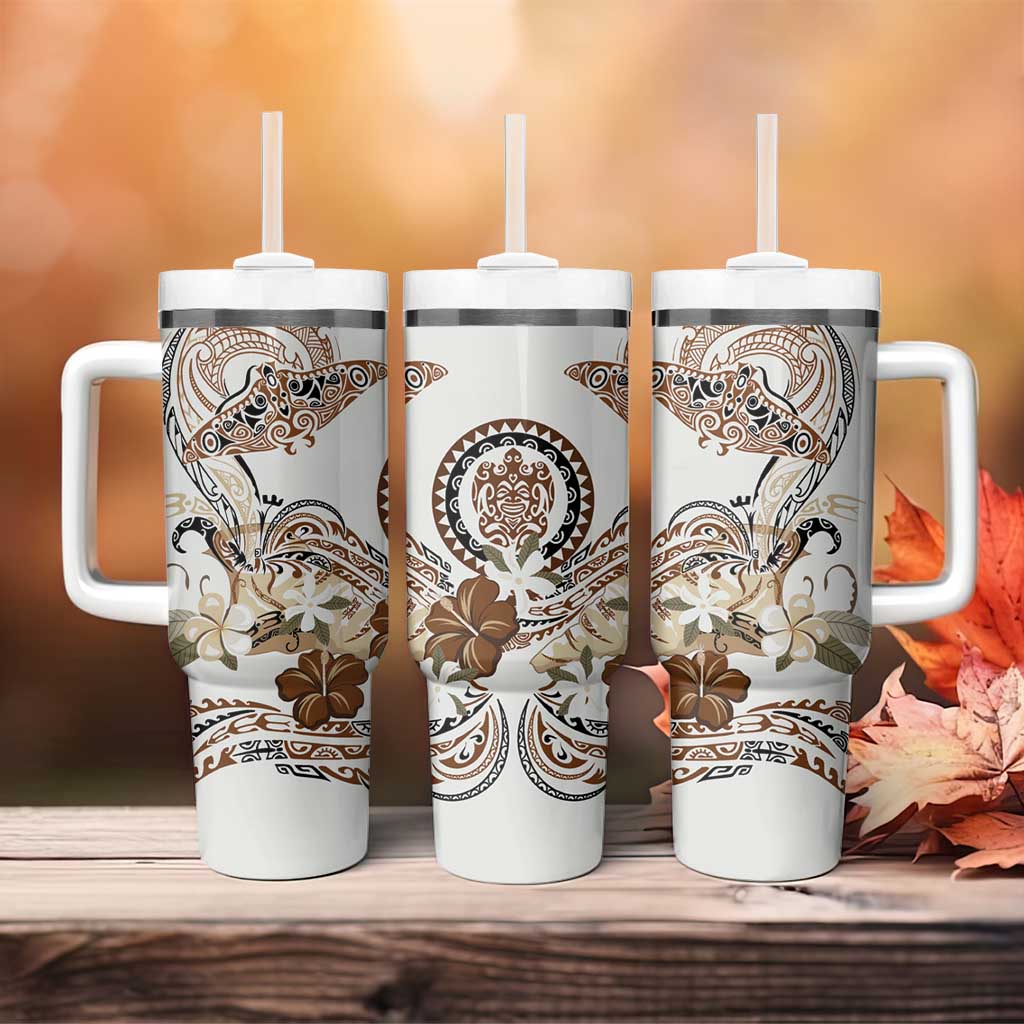 Polynesian Manta Ray Tumbler With Handle Beige Floral Turtle Tattoo - Polynesian Pride