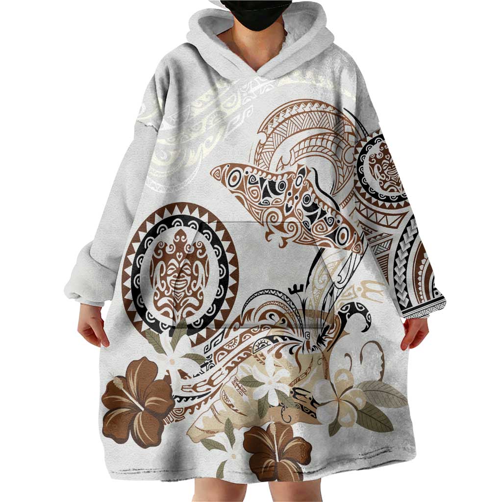 Polynesian Manta Ray Wearable Blanket Hoodie Beige Floral Turtle Tattoo LT9 - Polynesian Pride