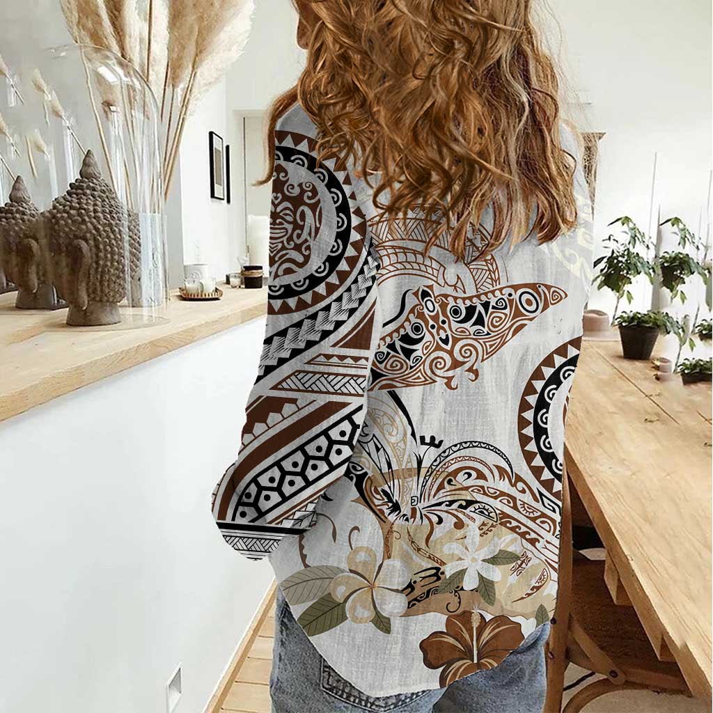 Polynesian Manta Ray Women Casual Shirt Beige Floral Turtle Tattoo LT9 - Polynesian Pride