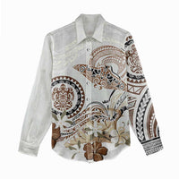 Polynesian Manta Ray Women Casual Shirt Beige Floral Turtle Tattoo LT9 - Polynesian Pride