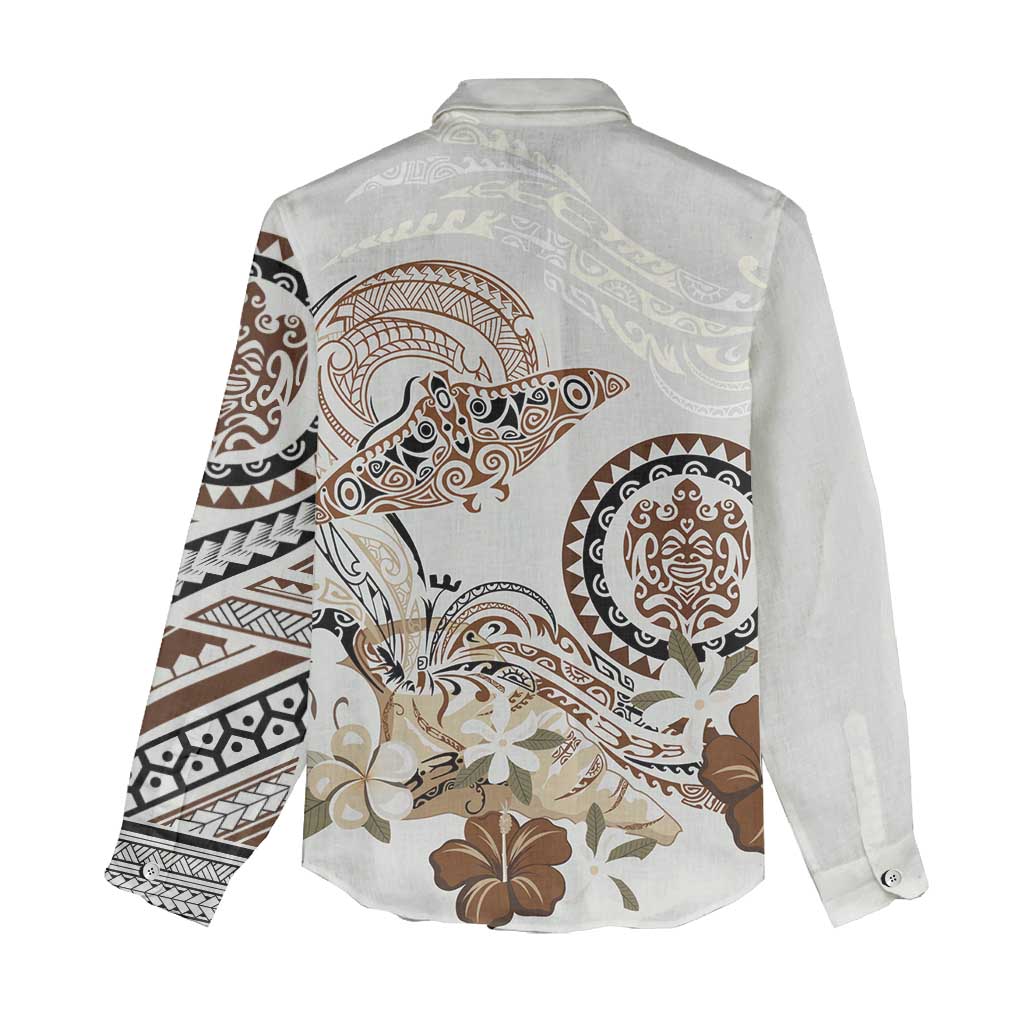 Polynesian Manta Ray Women Casual Shirt Beige Floral Turtle Tattoo LT9 - Polynesian Pride