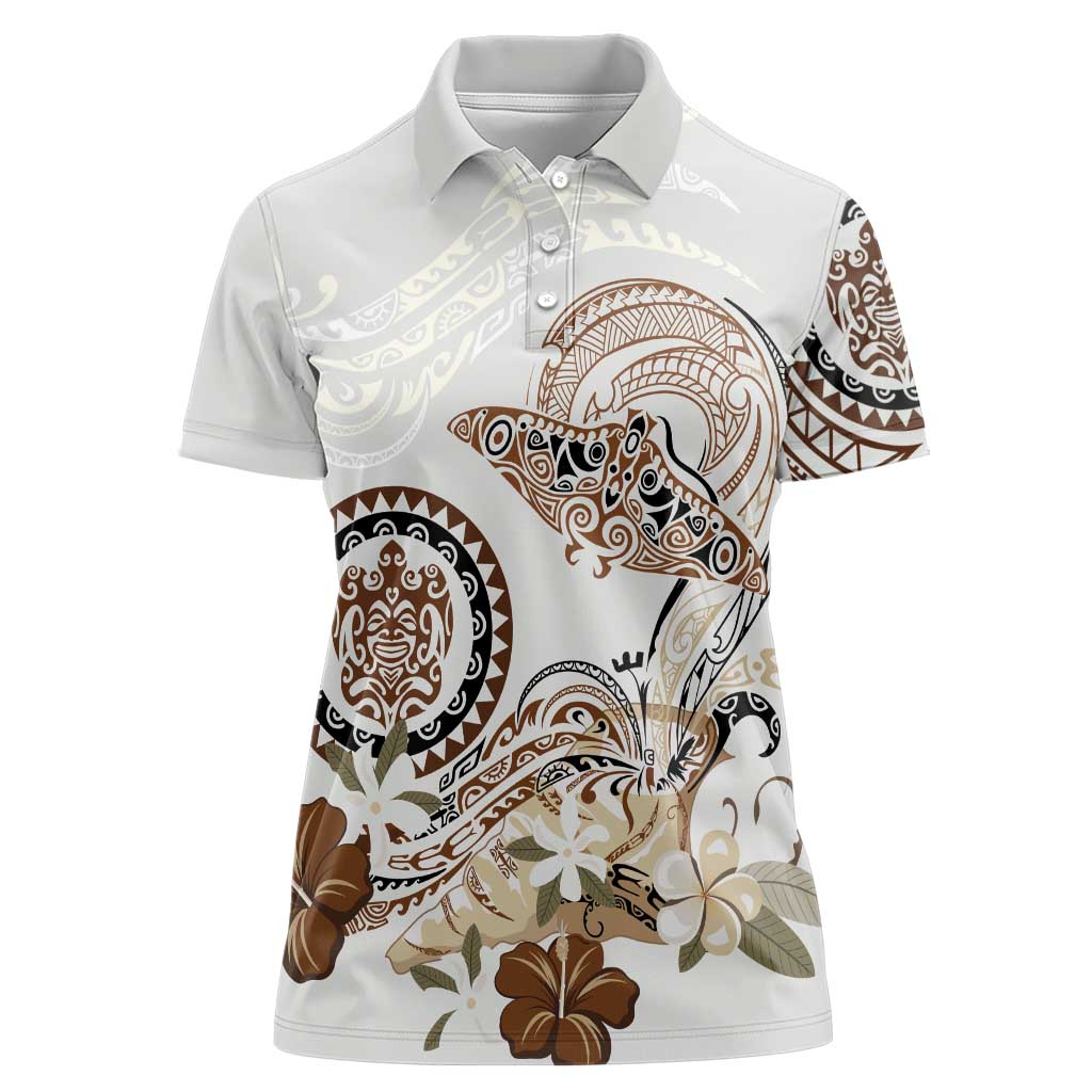 Polynesian Manta Ray Women Polo Shirt Beige Floral Turtle Tattoo LT9 Female Beige - Polynesian Pride