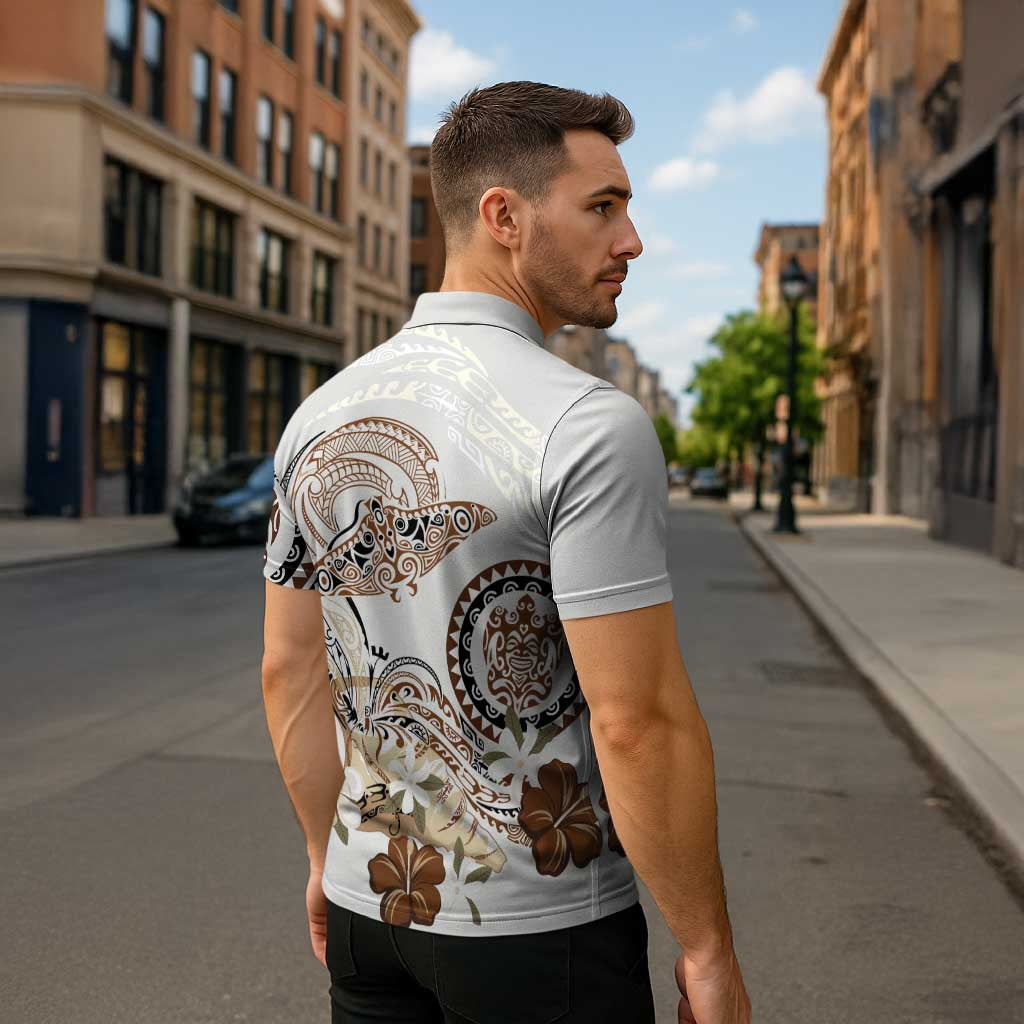 Polynesian Manta Ray Zipper Polo Shirt Beige Floral Turtle Tattoo - Polynesian Pride