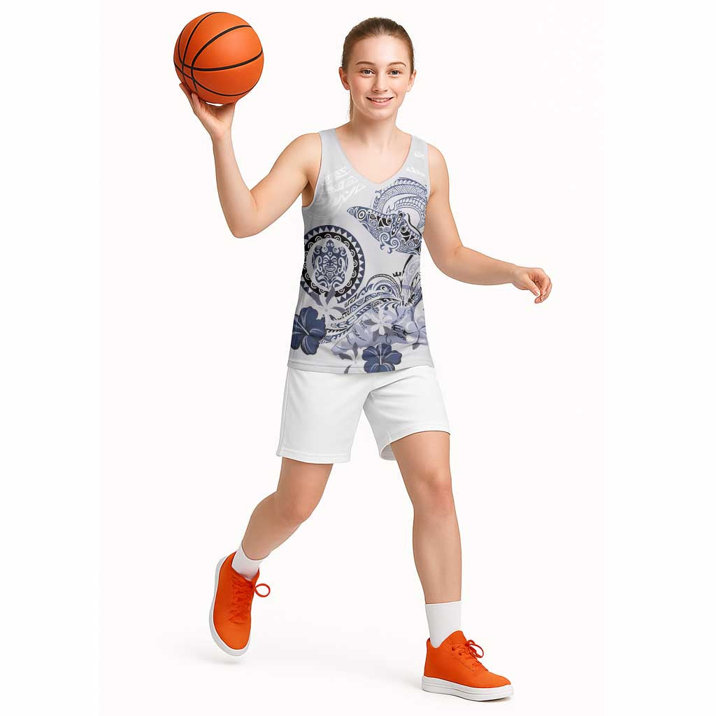 Polynesian Manta Ray Basketball Jersey Blue Floral Turtle Tattoo - Polynesian Pride