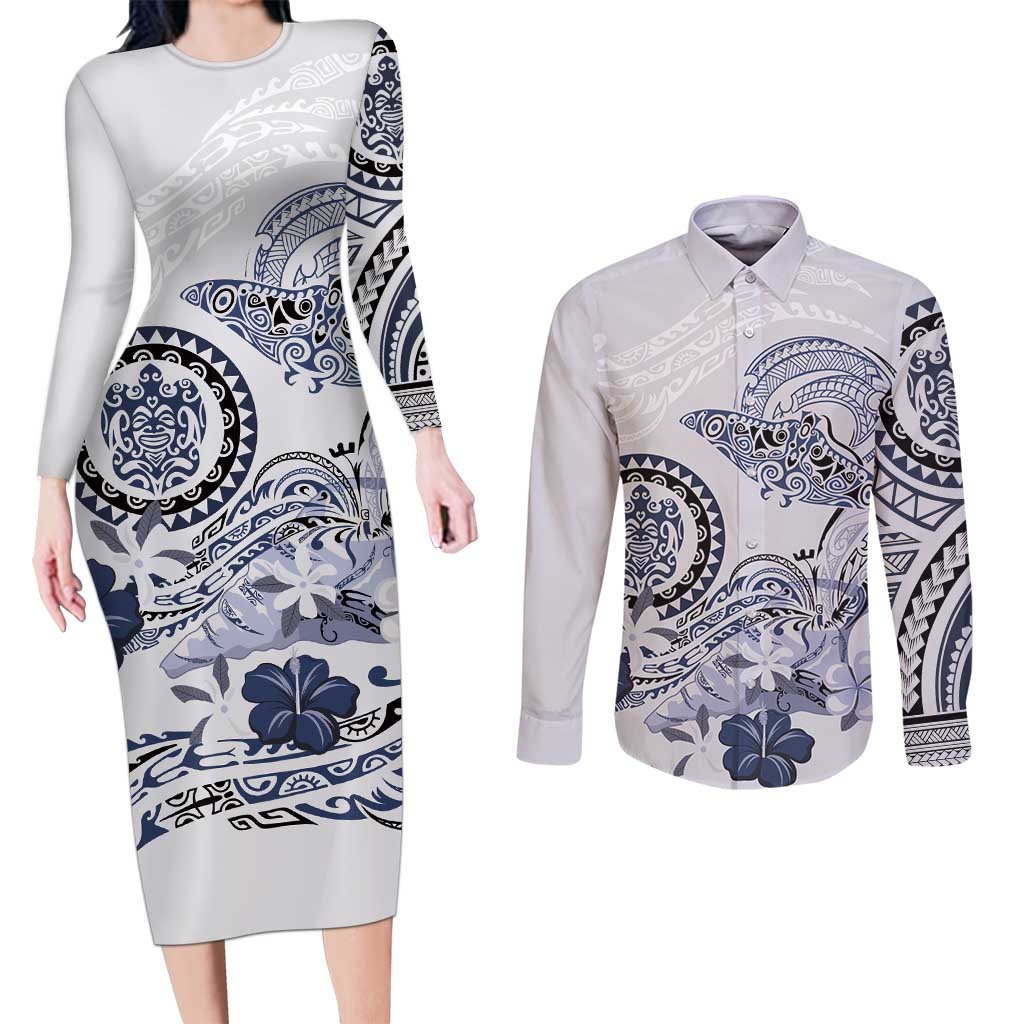 Polynesian Manta Ray Couples Matching Long Sleeve Bodycon Dress and Long Sleeve Button Shirt Blue Floral Turtle Tattoo - Polynesian Pride