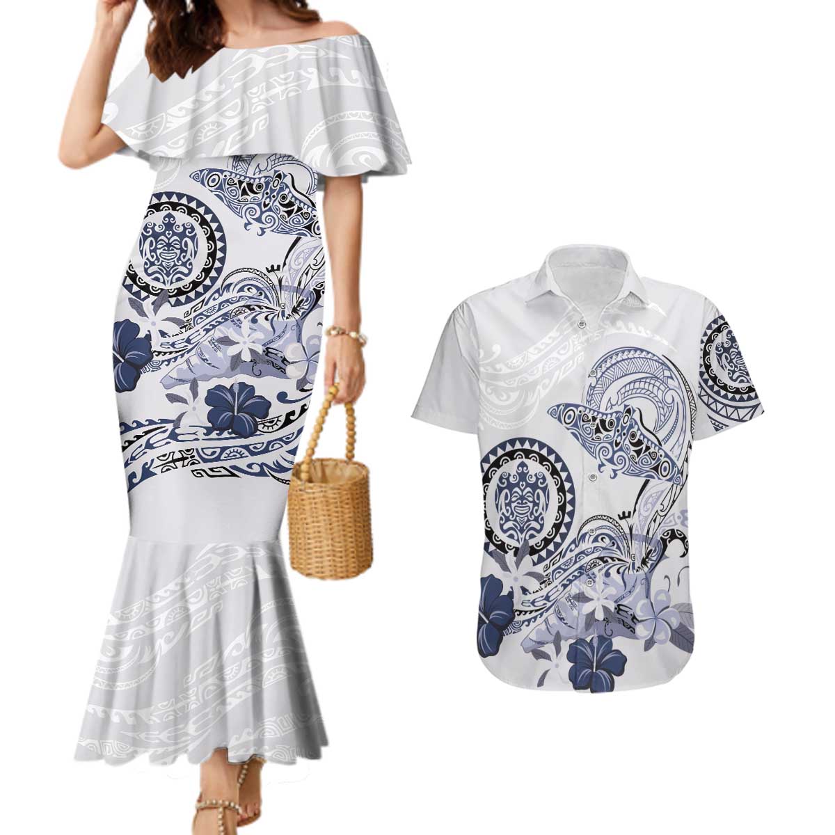 Polynesian Manta Ray Couples Matching Mermaid Dress and Hawaiian Shirt Blue Floral Turtle Tattoo - Polynesian Pride