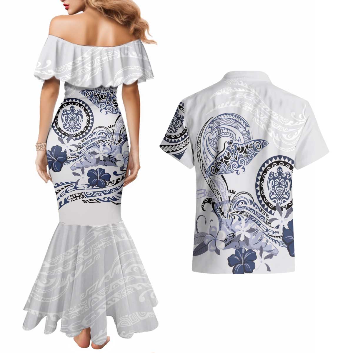 Polynesian Manta Ray Couples Matching Mermaid Dress and Hawaiian Shirt Blue Floral Turtle Tattoo - Polynesian Pride