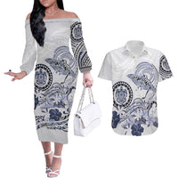 Polynesian Manta Ray Couples Matching Off The Shoulder Long Sleeve Dress and Hawaiian Shirt Blue Floral Turtle Tattoo - Polynesian Pride