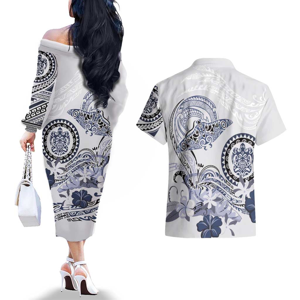Polynesian Manta Ray Couples Matching Off The Shoulder Long Sleeve Dress and Hawaiian Shirt Blue Floral Turtle Tattoo - Polynesian Pride