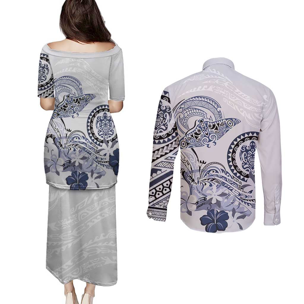 Polynesian Manta Ray Couples Matching Puletasi and Long Sleeve Button Shirt Blue Floral Turtle Tattoo - Polynesian Pride