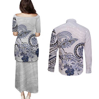 Polynesian Manta Ray Couples Matching Puletasi and Long Sleeve Button Shirt Blue Floral Turtle Tattoo - Polynesian Pride