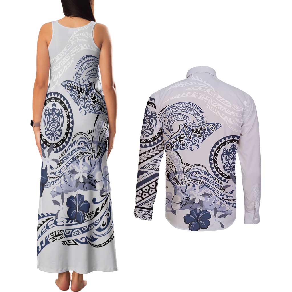 Polynesian Manta Ray Couples Matching Tank Maxi Dress and Long Sleeve Button Shirt Blue Floral Turtle Tattoo - Polynesian Pride